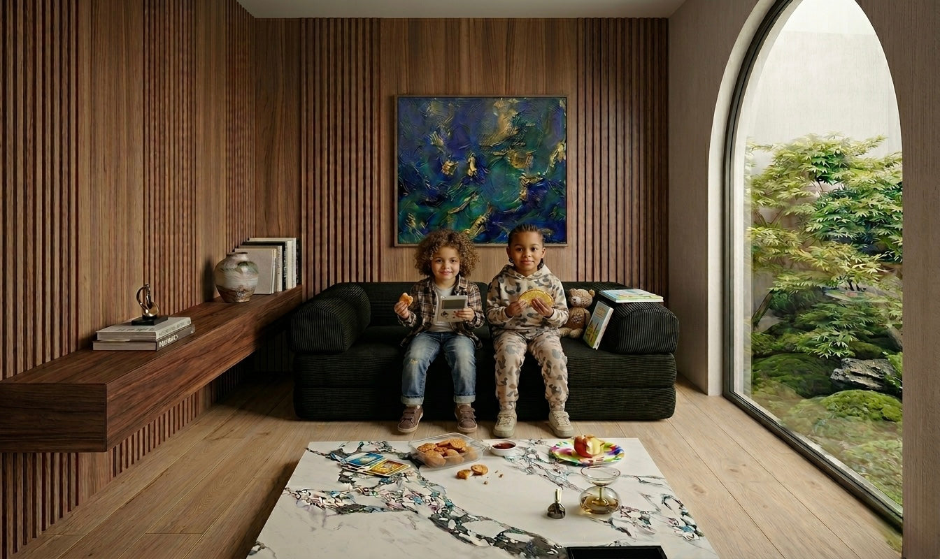 Two children sitting on a couch in a modern living room with a large window showing greenery.