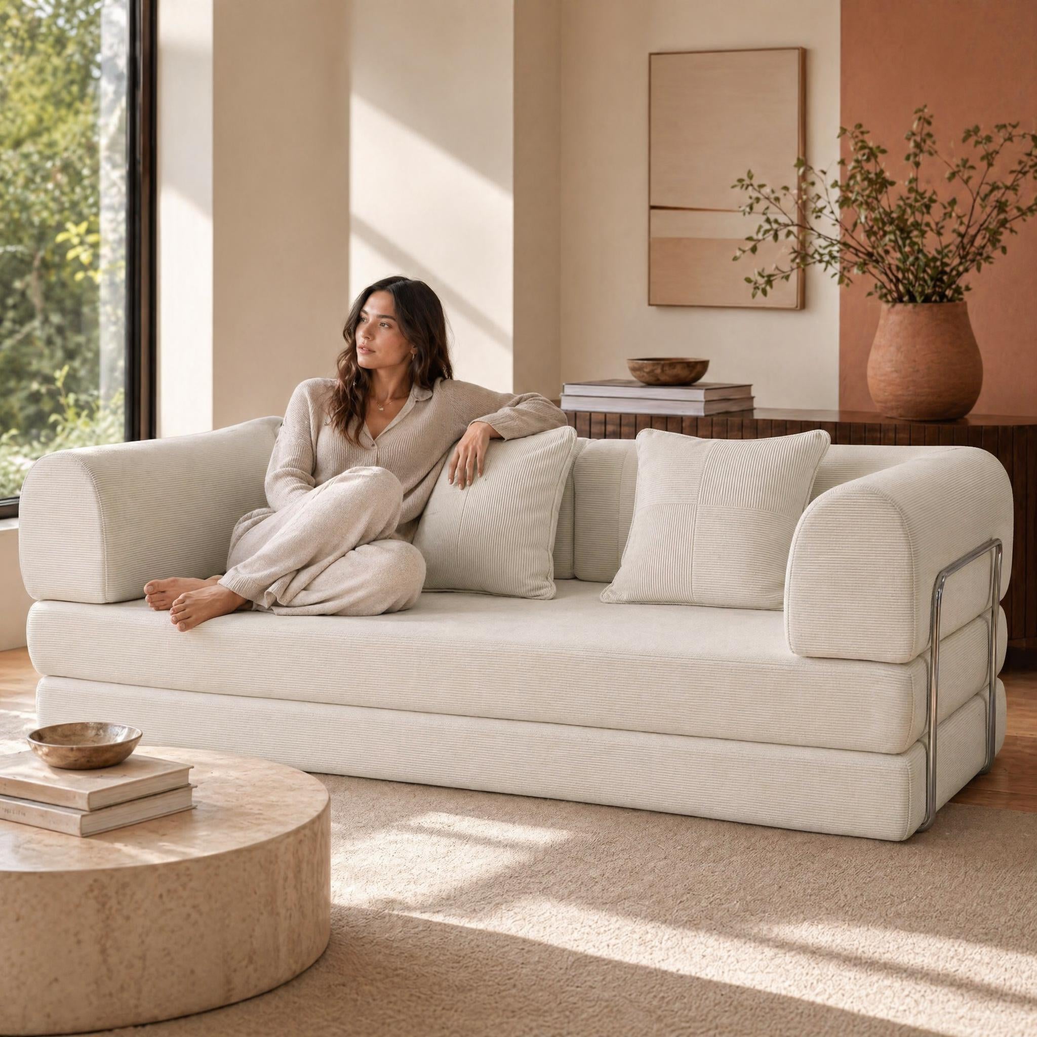 Woman sitting on a white Nüage King Sofa Bed in a modern living room